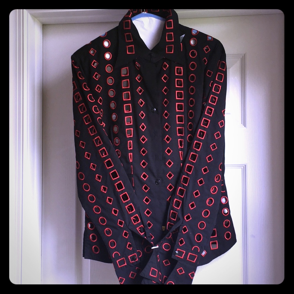 Cut and embroidered black and coral red